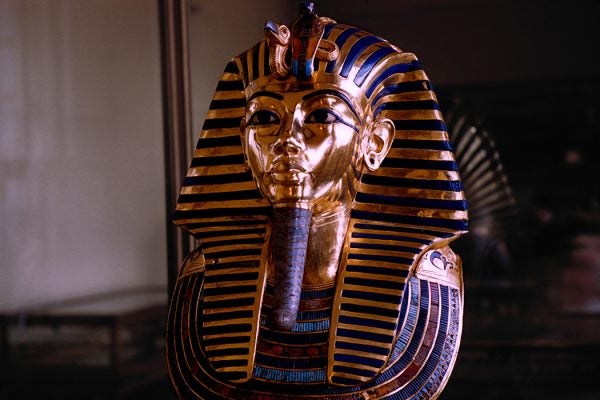 The death mask of Egyptian pharaoh Tutankhamun in the Egyptian Museum in Cairo, Egypt, circa 1960