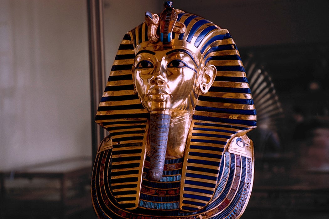 The death mask of Egyptian pharaoh Tutankhamun in the Egyptian Museum in Cairo, Egypt, circa 1960
