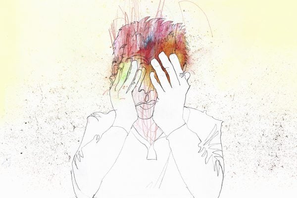 An illustration of a man holding his face in his hands
