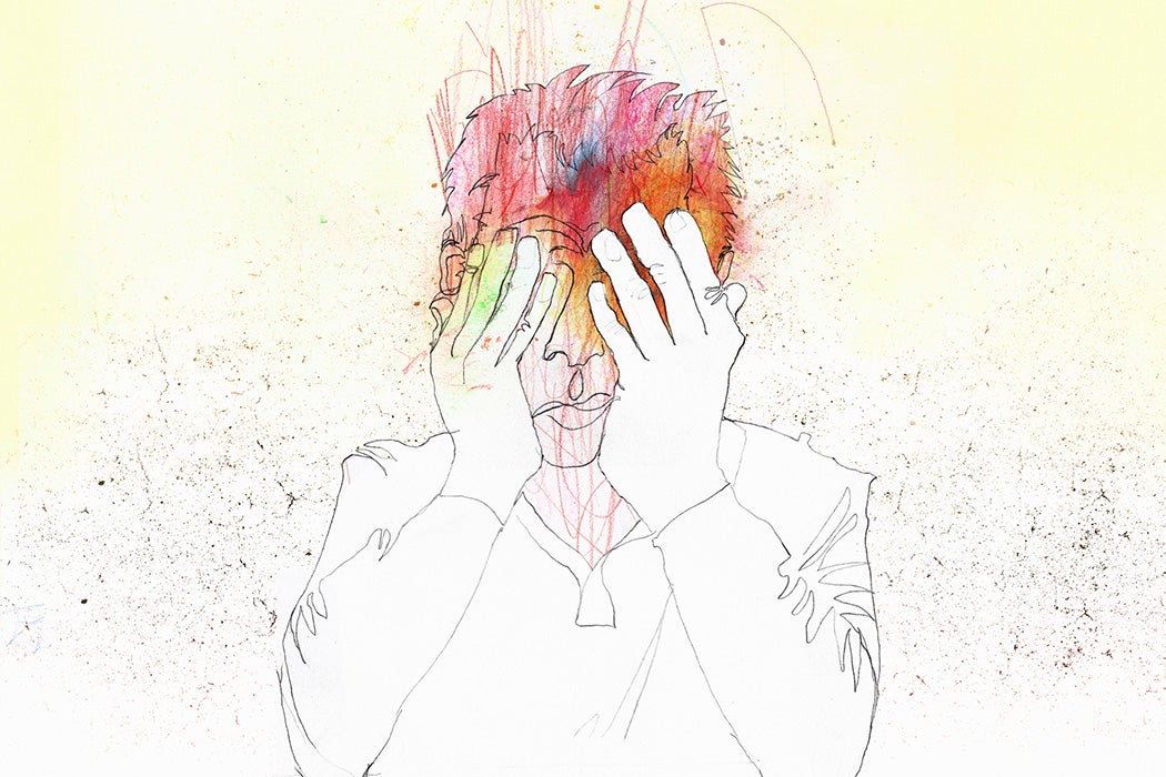 An illustration of a man holding his face in his hands