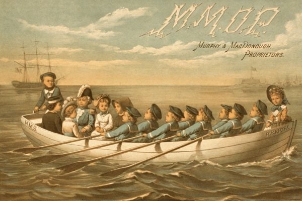 An 1879 Poster for Murphy & MacDonough's all-child production of H.M.S. Pinafore featuring a group of children rowing a boat