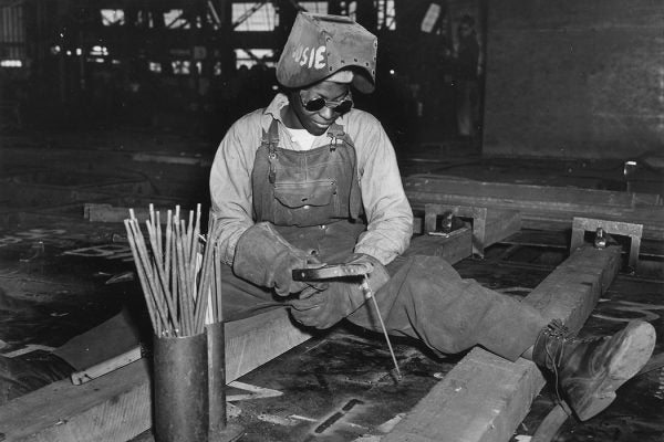 Welder-trainee Josie Lucille Owens plies her trade on the SS George Washington Carver at the Kaiser Shipyards in Richmond, CA, 1943