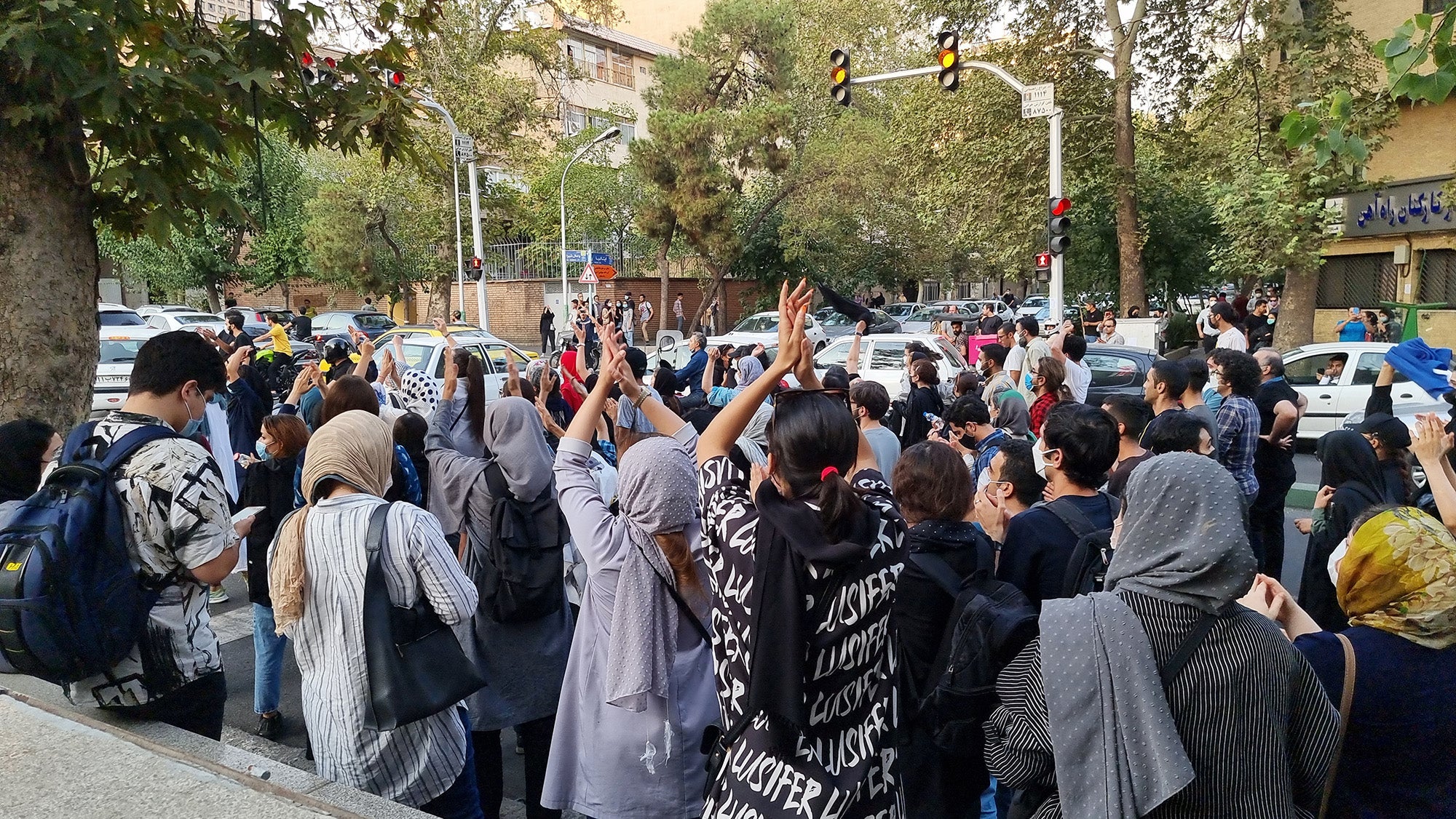 People gather in protest against the death of Mahsa Amini along the streets on September 19, 2022 in Tehran, Iran. Getty