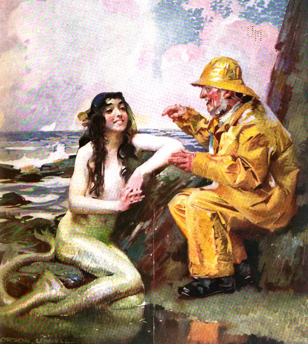 An illustration of a mermaid talking to a fisherman from the cover of Judge Magazine, 1916