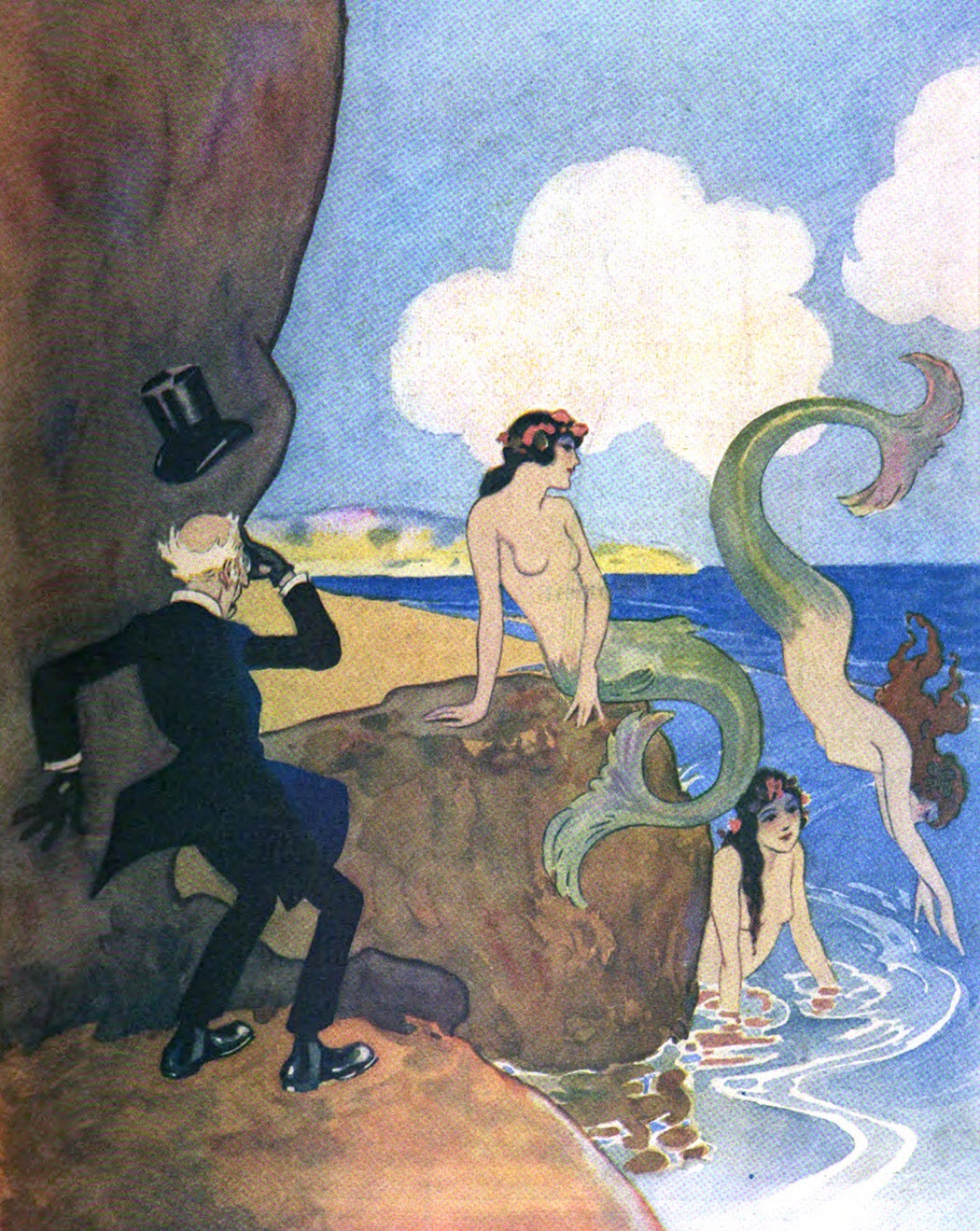 An illustration of a man happening upon three mermaids from the cover of Judge Magazine, 1921