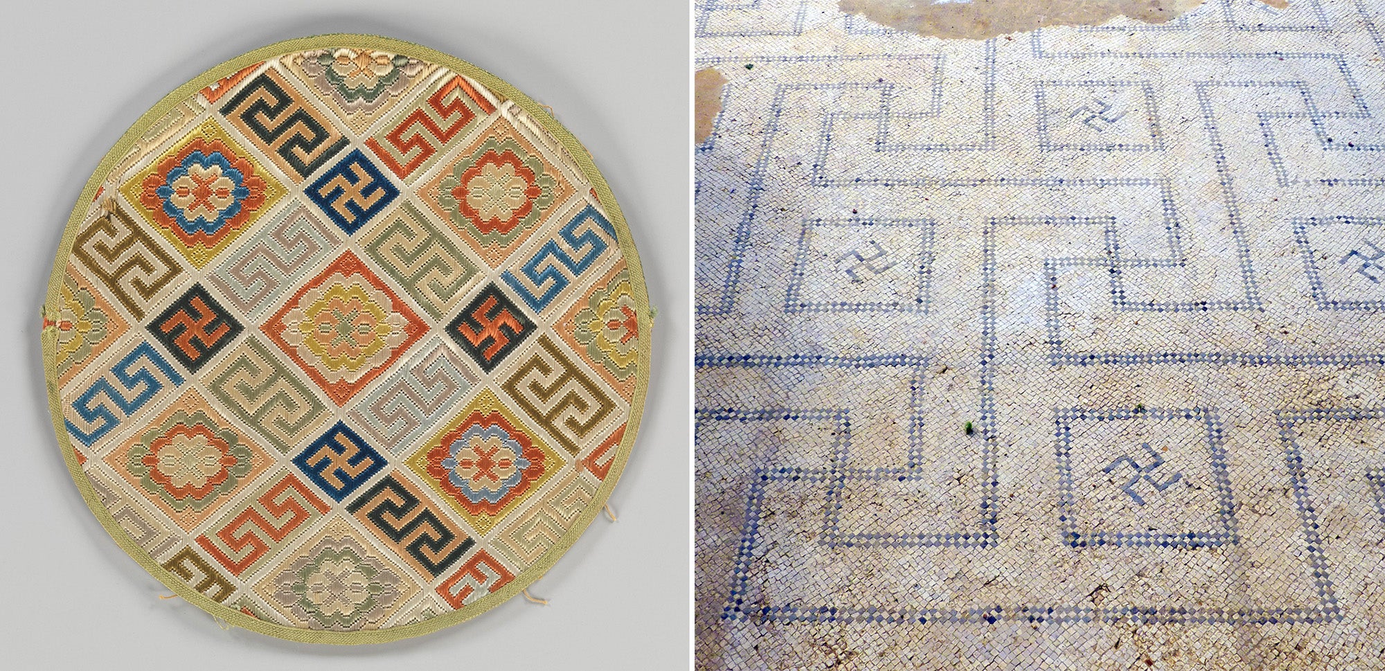 (left) Mirror Case with swastikas from the Qing dynasty in China and (right) Ancient Greek floor mosaic in Italy