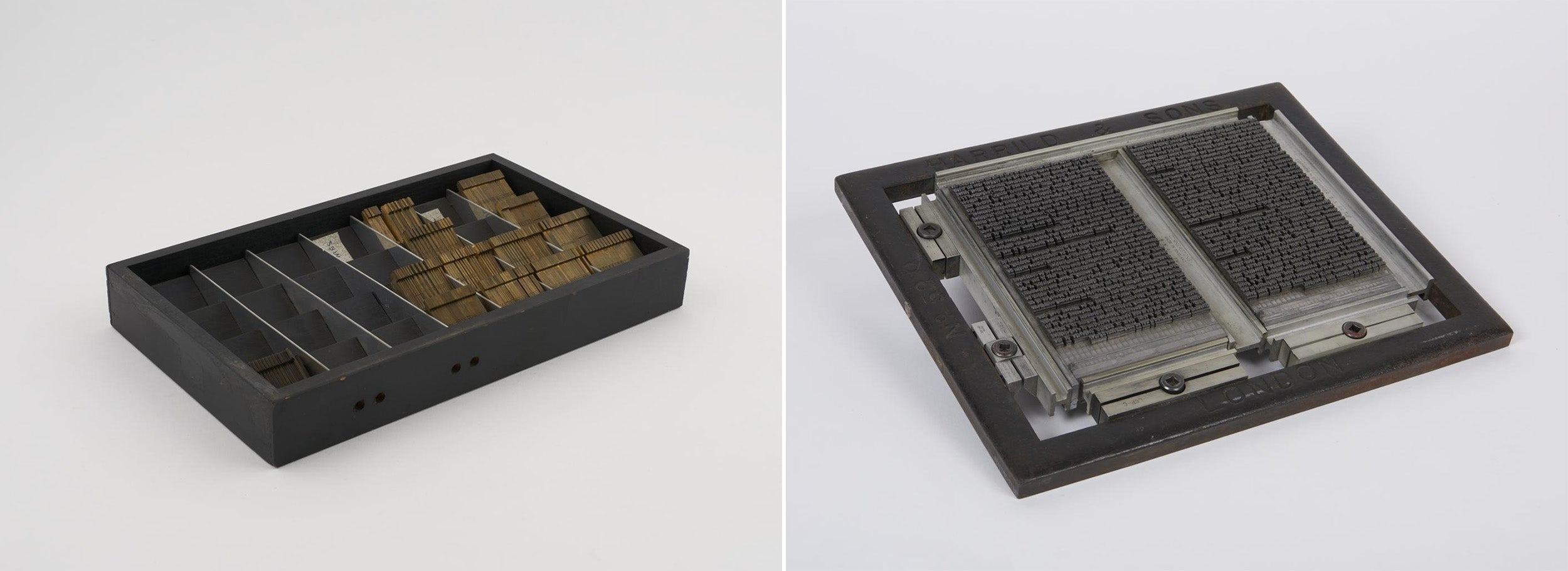 (left) Wooden box with spare matrices from the Linecaster C3 model, by Intertype, New York, United States, 1925 and (right) A letterpress 'chase', a lock-up modular elements into a solid surface ready to be inked and printed.