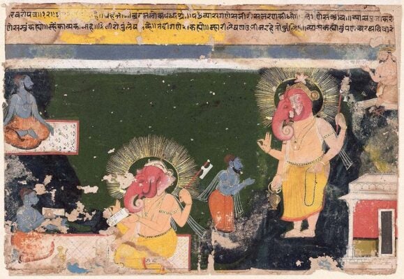 Ganesa writing the Mahabharat, dictated by Vyasa. Page from an illustrated manuscript of the Mahabharata