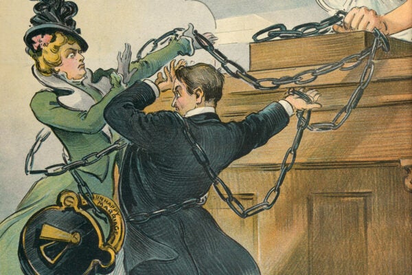 A detail of an illustration depicting a husband and wife chained together and fighting in a courtroom