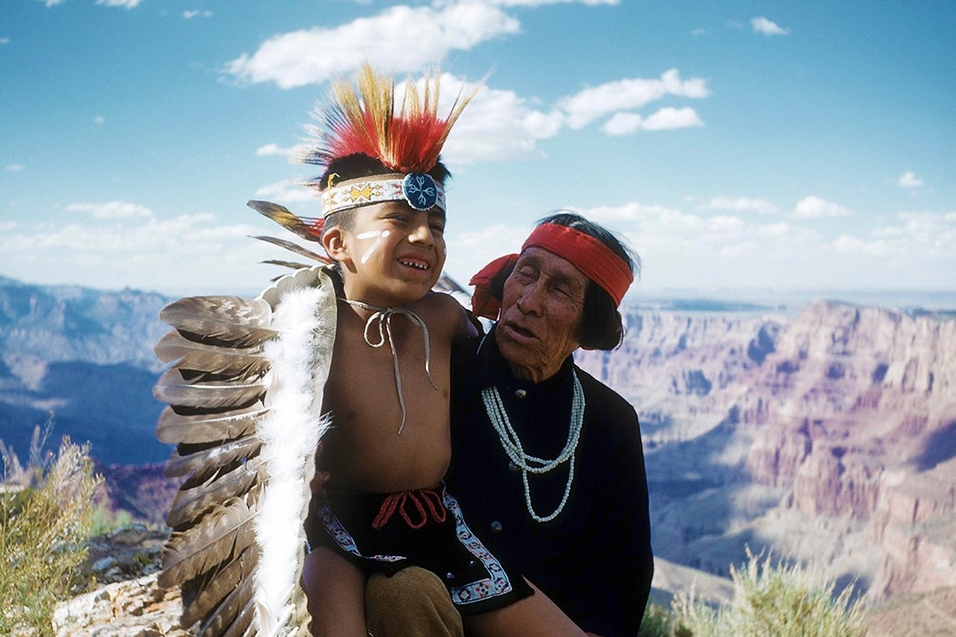 A young Native American boy learns the Eagle Dance in Grand Canyon National Park, Arizona, 1952