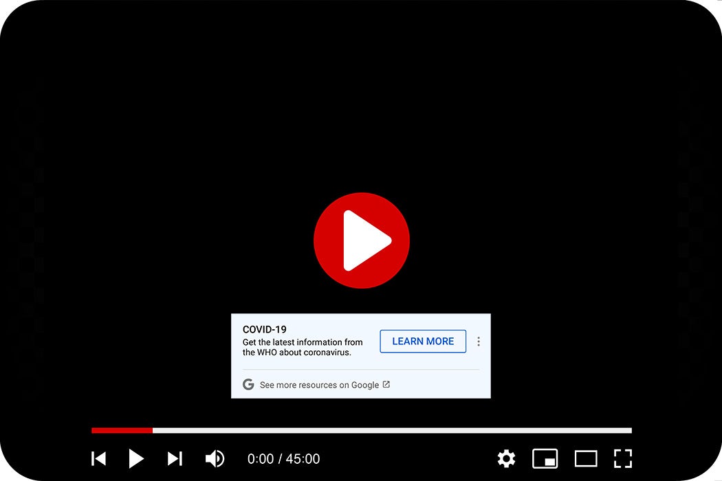 A YouTube video view with a Covid-19 information popup