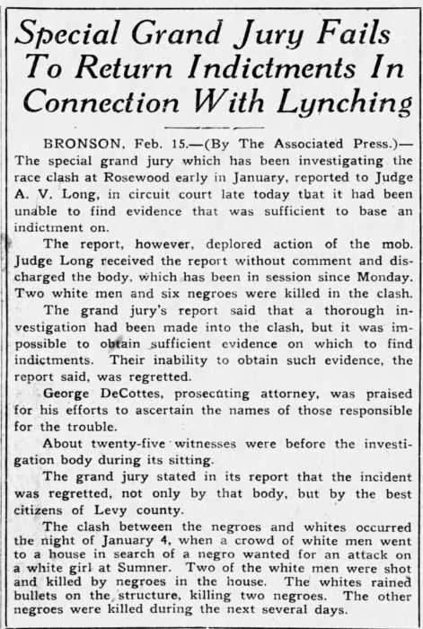 Tampa Tribune - Feb 16 1923 article summarizing Rosewood Grand Jury Findings