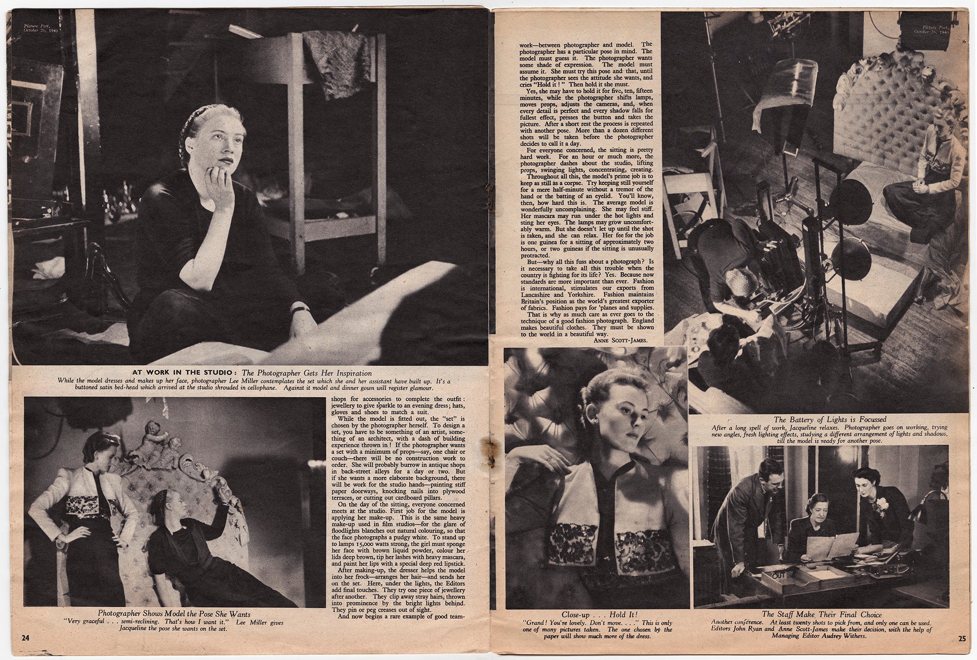 A feature in the October 26th, 1940 edition of Picture Post magazine following the progress of a fashion shoot for Vogue magazine by Lee Miller 