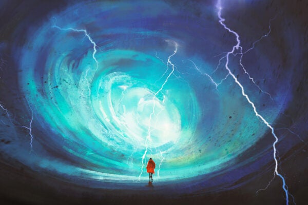 Illustration of a woman walking in front of an overwhelming whirlpool in the sky