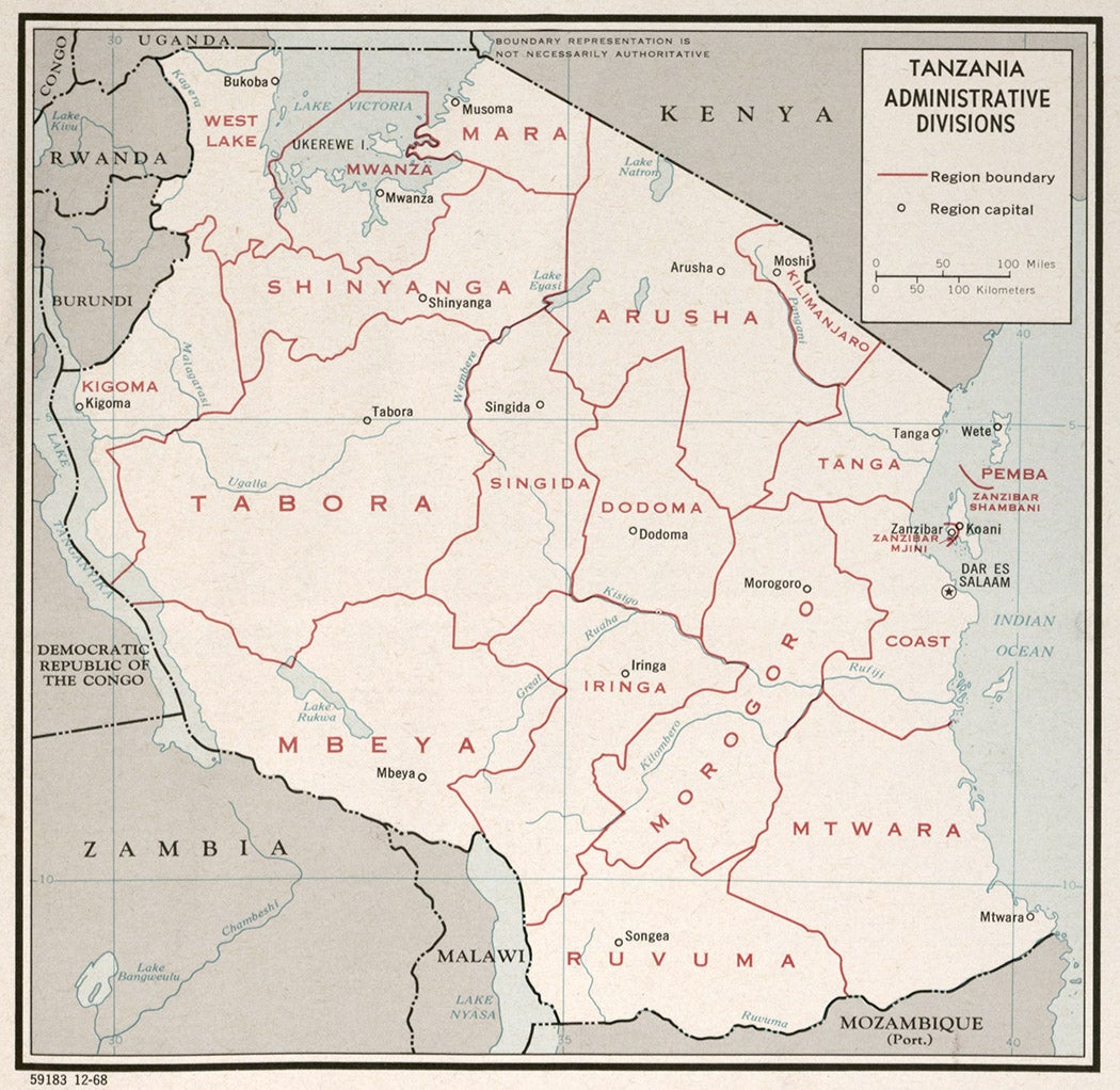 A 1968 map of Tanzania made by the CIA 