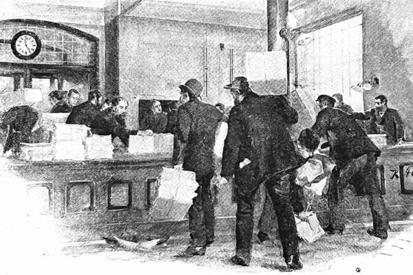 Illustration from 19th century of a newsroom at a newspaper