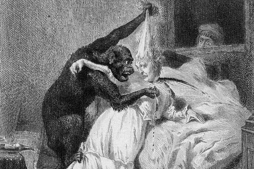 An orangutan attacks a woman and pulls her hair in an illustration for the murder scene in Edgar Allan Poe's short story 'The Murders in the Rue Morgue,' early 1840s. A victim lies on the floor, and a witness watches through a window.