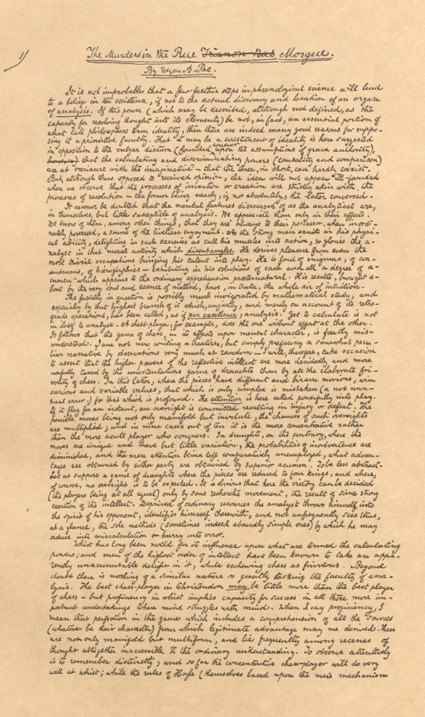 Facsimile of Edgar Allan Poe's original manuscript for "The Murders in the Rue Morgue."