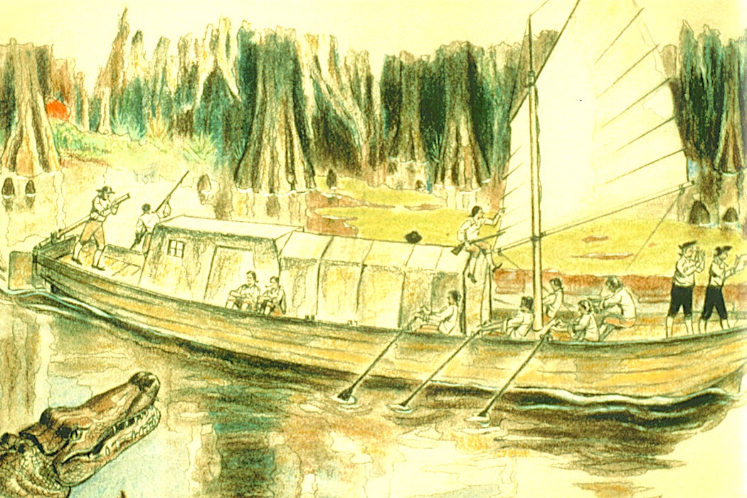 illustration of a boat on a river that was part of the dunbar-hunter expedition in 1804-1805.