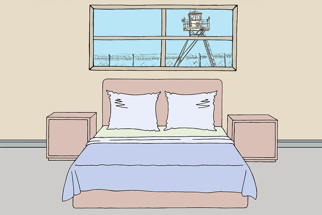 An illustration of a bedroom with a prison guard tower through the window