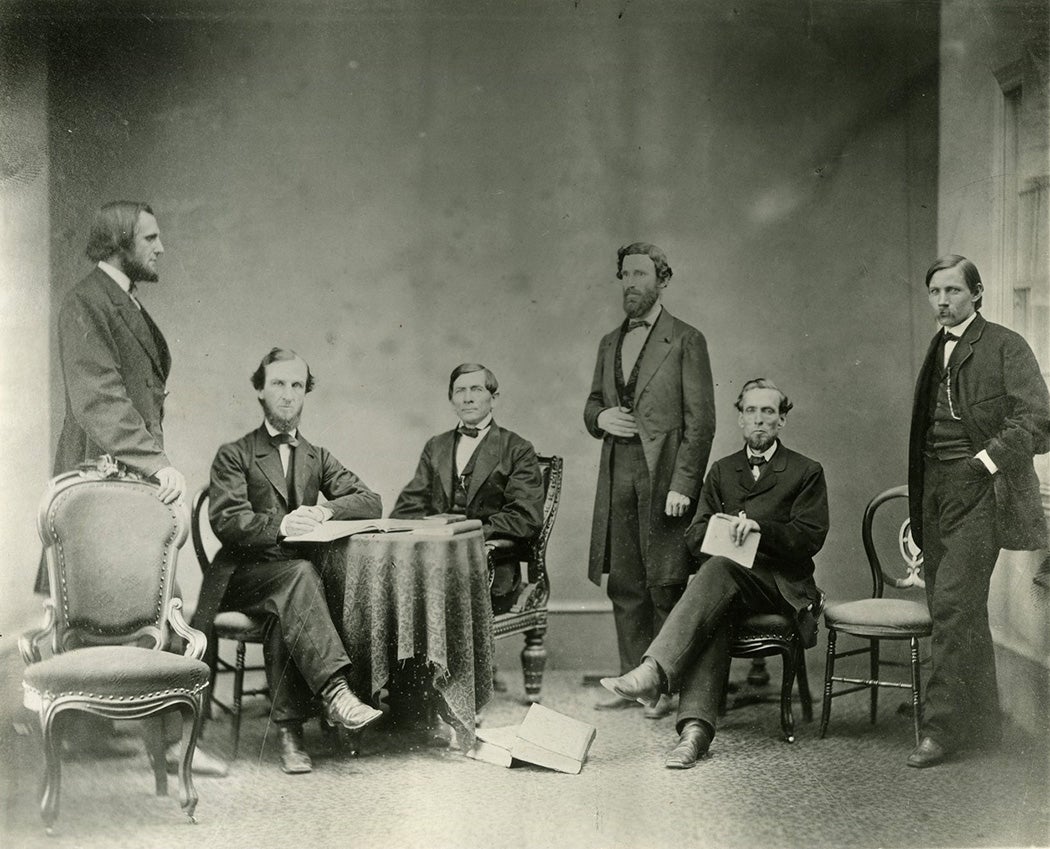Group Portrait of West Virginia Statehood Leaders. Possible identifications includes, L to R: 1st-Arthur Boreman; 3rd-Andrew Wilson; 4th D.D.T. Farnsworth; 5th- Henry Dering; 6th- Gibson Cranmer. 