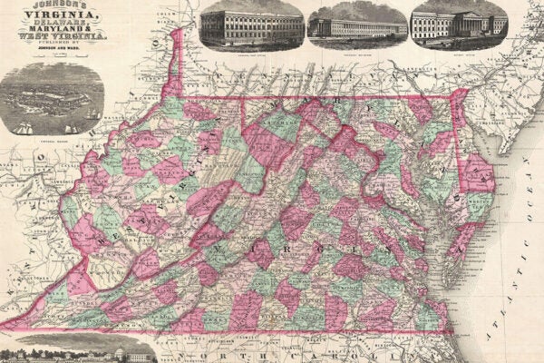 1866 Johnson Map of Virginia, West Virginia, Maryland and Delaware