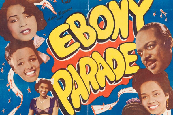 A large poster for the film Ebony Parade with a blue background and an off-white border. Across the blue background are red musical notes and stars outlined in white. At the top center in red lettering is "20 Great Stars". Printed in the center in small black type is "Astor Pictures presents" followed by "EBONY PARADE" in large yellow letters over a red background. Surrounding the title are color photographic portraits of the stars of the film. At the top left are the faces of Mantan Moreland, Dorothy Dandridge and Ruby Hill, followed by a full portrait of a seated Mabel Lee and in the bottom left corner is an image of the Mills Brothers gathered around two microphones. On the right side are the faces of Cab Calloway, Vanita Smythe, Francine Everett, and Count Basie. At the bottom right is a yellow box bordered in black with red text that reads "featuring / Cab Calloway * Count Basie / His Band His Band / Mills. Bros. * Vanita Smythe / Mantan Moreland * Mable Lee/ Ruby Hill * Francine Everett / Dorothy Dandridge * Pat Flowers / and / Day, Dawn, and Dusk * Jubilaries".