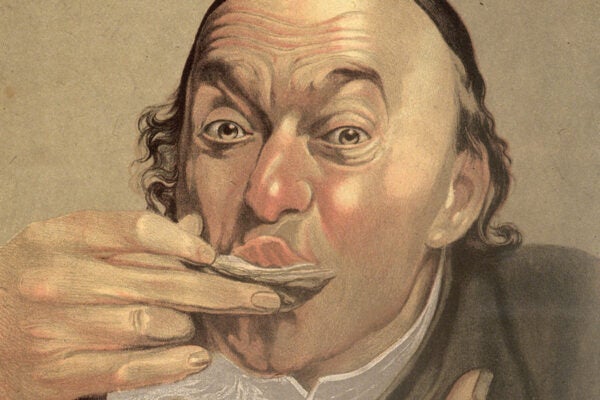 A man eating oysters with gusto on the cover of the musical score for 'Bonne Bouche', a polka by Emile Waldteufel, c. 1850