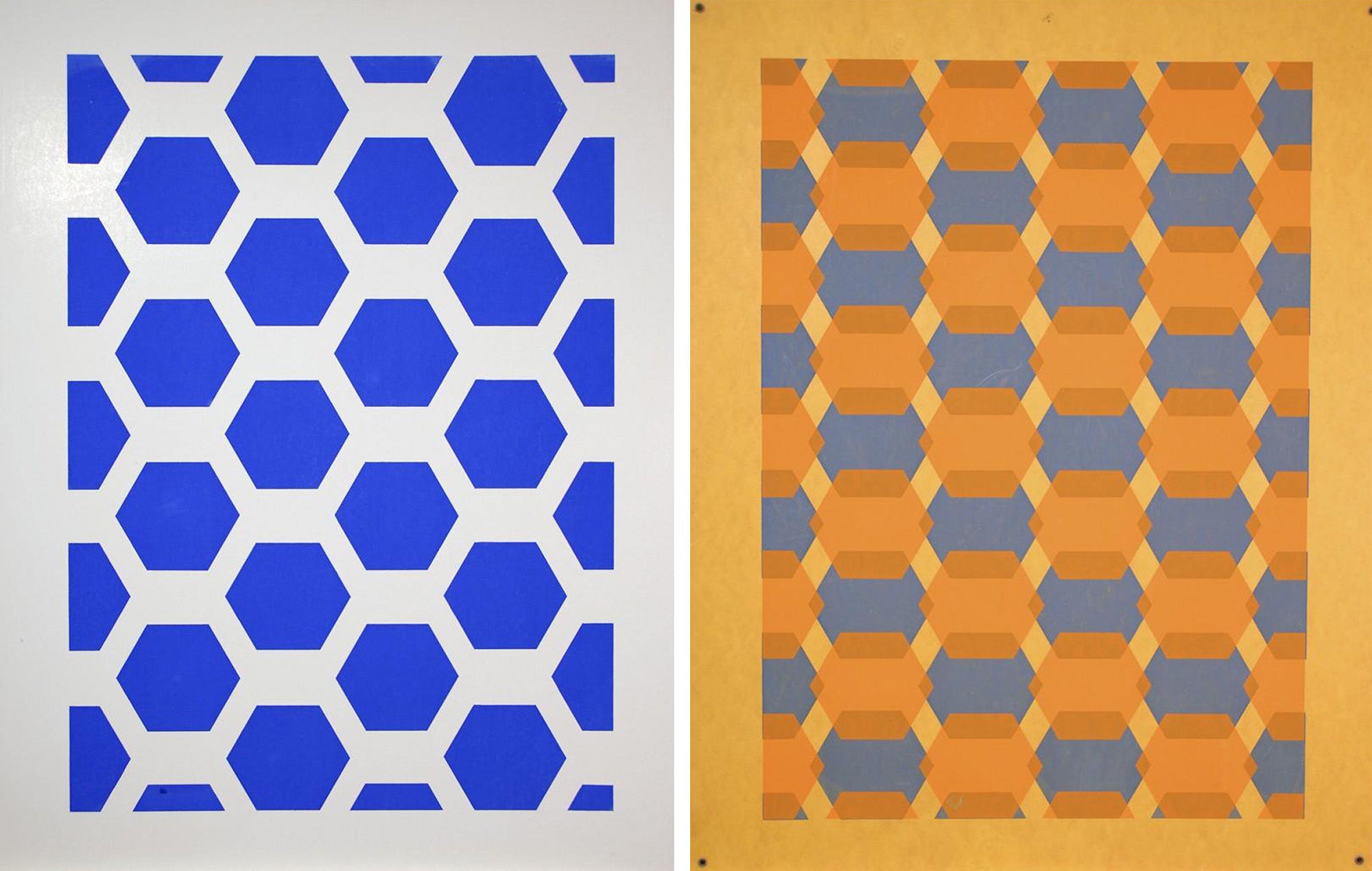 Two silkscreen prints by Arthur Loeb. The one on the left is a repeating pattern of royal blue hexagons, and the one on the right is a repeating pattern of softer blue hexagons with orange hexagons printed over them so that they partially overlap. 