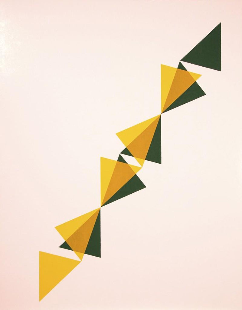 A silk screen print by Arthur Loeb featuring five yellow triangles overlapping with five dark green triangles.