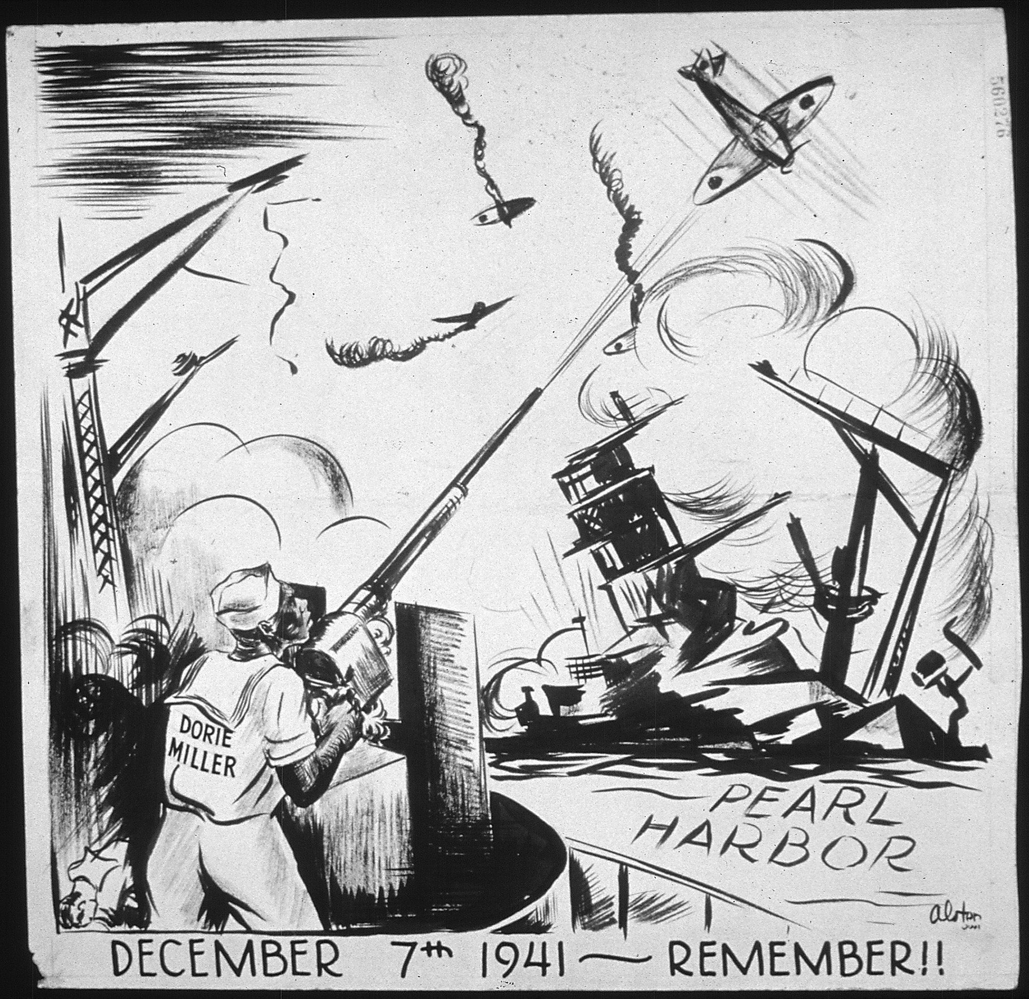 A cartoon depicting Doris Miller shooting down a plane