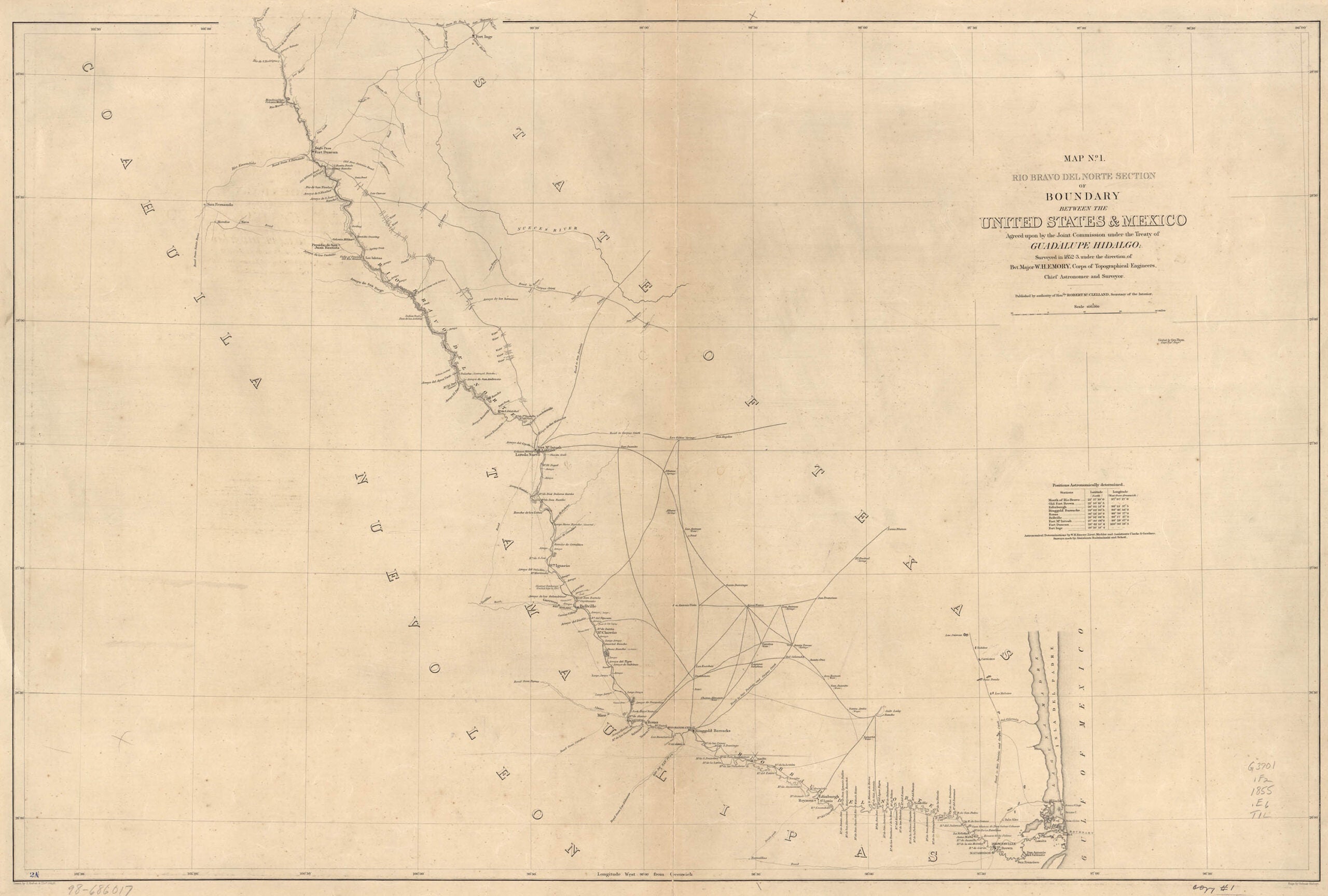 Map of boundary between the United States & Mexico agreed upon by the Joint Commission under the Treaty of Guadalupe Hidalgo : surveyed in 1852-53 under the direction of Bvt. Major W.H. Emory, Corps of Topographical Engineers, Chief Astronomer and Surveyor.