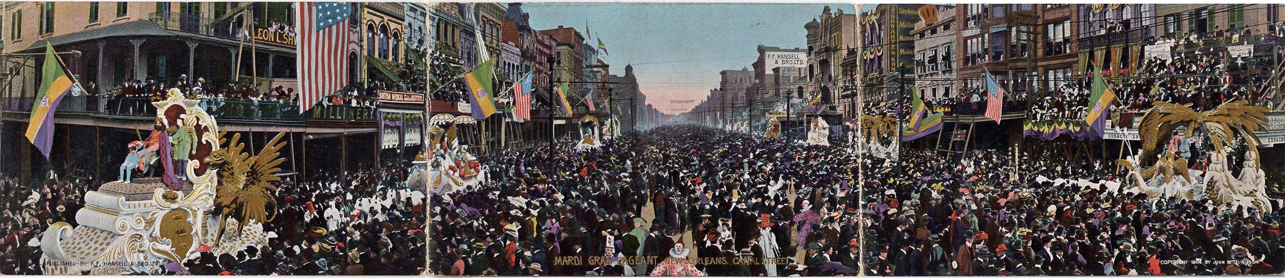 Postcard panorama of "Rex" parade on Canal Street, New Orleans Mardi Gras, 1904