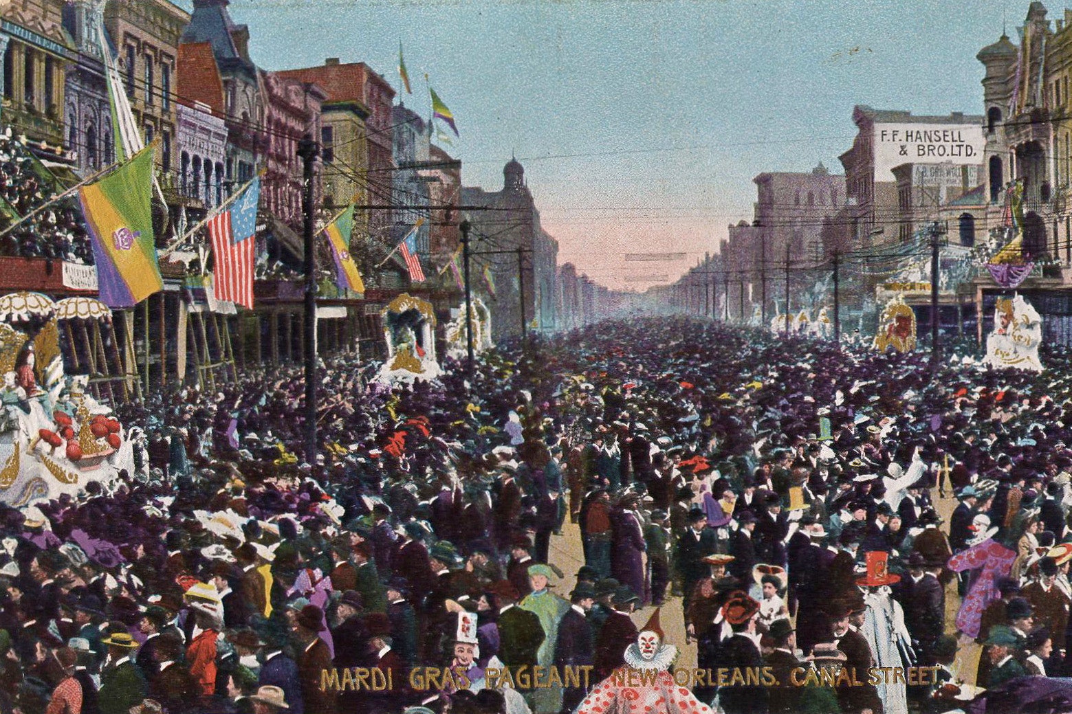 Postcard panorama of "Rex" parade on Canal Street, New Orleans Mardi Gras, 1904, via Wikimedia Commons https://commons.wikimedia.org/wiki/File:RexPanorama04B.jpg