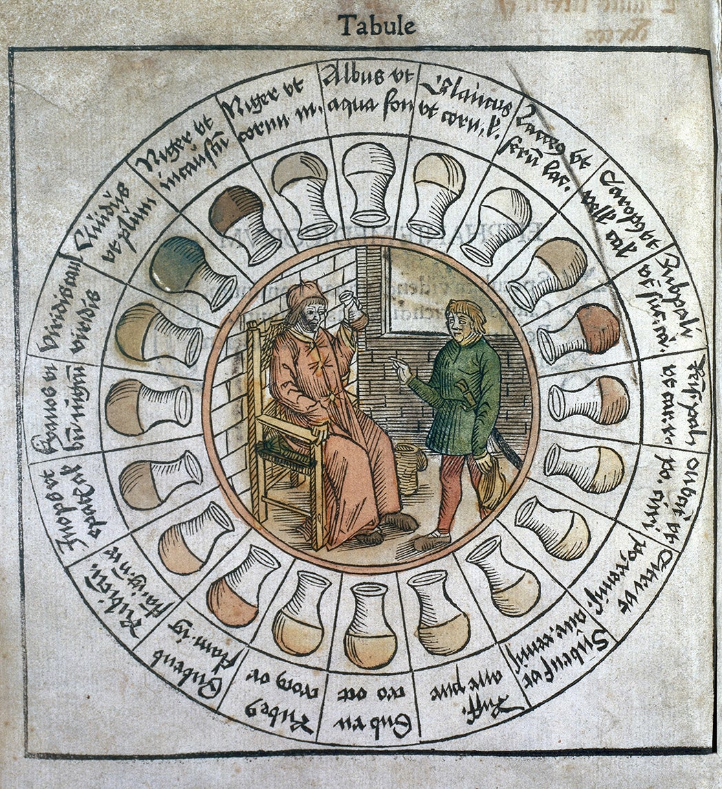 Epiphaniae medicorum, uroscopy and ring of flasks.