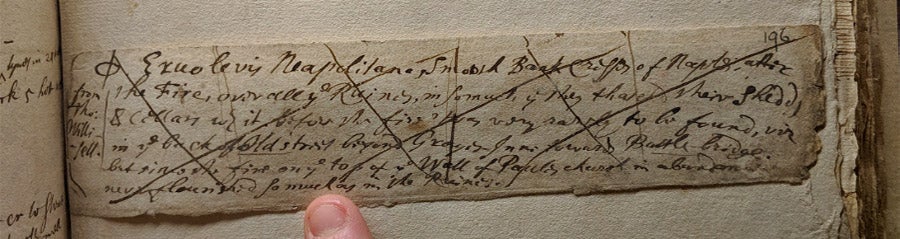 John Aubrey's manuscript note (Bodleian Library, MS Top. Gen. c. 24–5, f. 196.) 