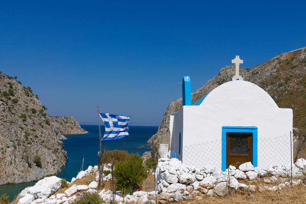 Church above Vathy bay, Kalymnos island, Dodecanese archipelago, Greece