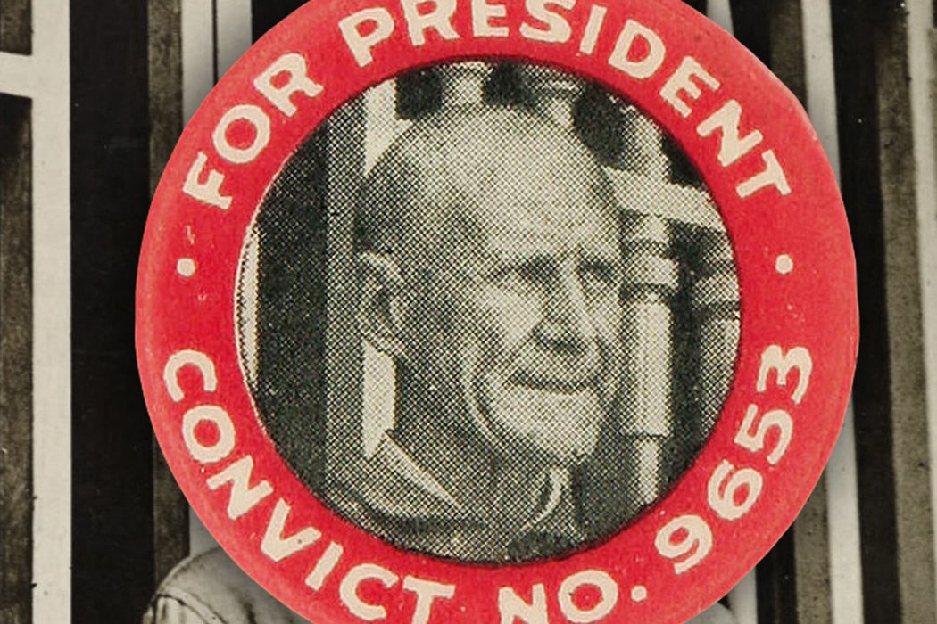Eugene Debs in prison at the Atlanta Federal Penitentiary, overlaid with his 1920 presidential campaign button