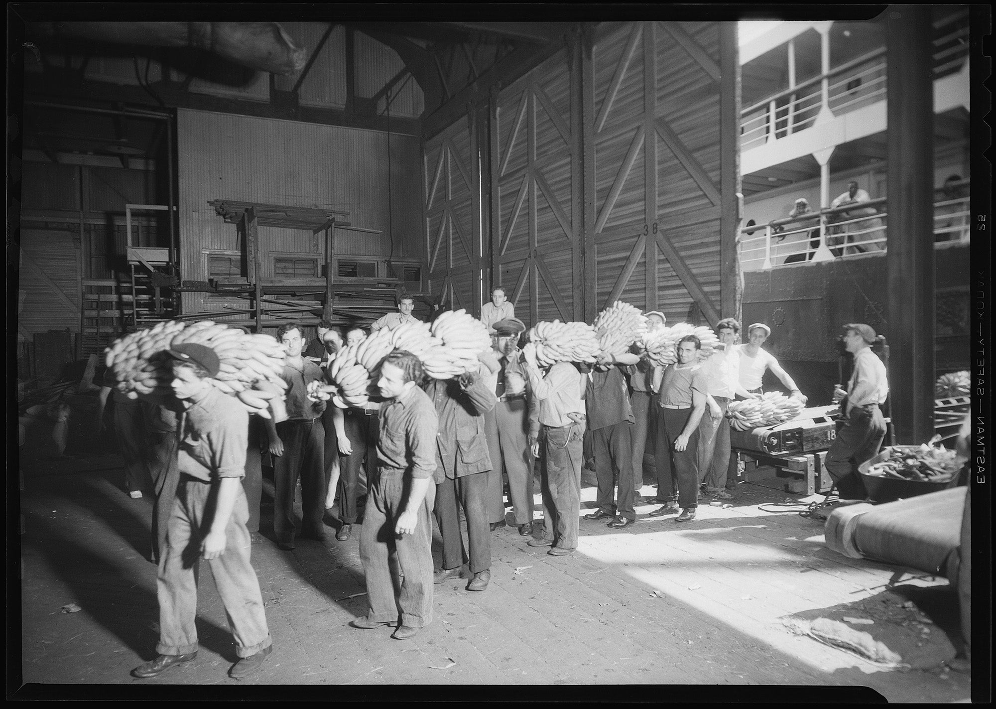 Longshoremen transferring bananas from the end on the conveyor that carries them from the hold of the shop onto the dock, New York, NY, 1938