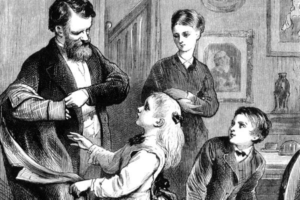 A Victorian boy and girl excitedly welcoming their father home, while their mother stands and watches