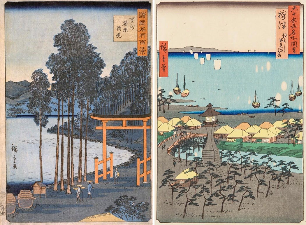 Pine trees in Hakone by Andō Hiroshige, ca. 1850; Settsu Province - Demi Beach and Lighthouse - Sumiyoshi by Andō Hiroshige