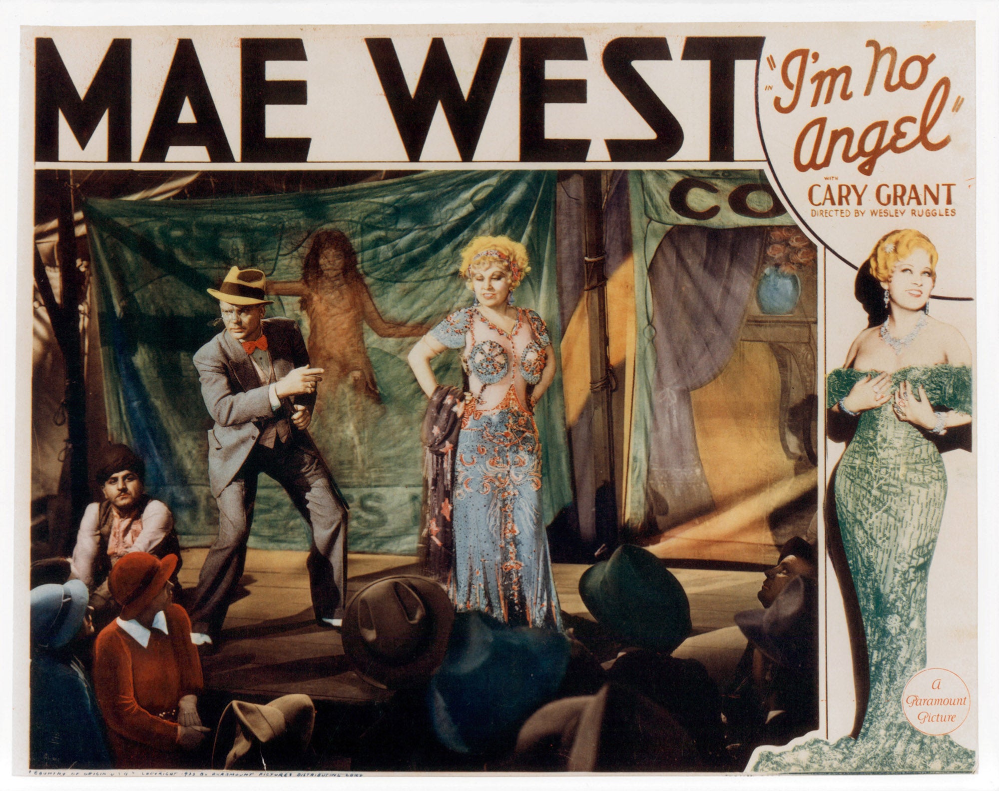 Mae West is presented on stage in a scene from the film 'I'm No Angel', 1933.