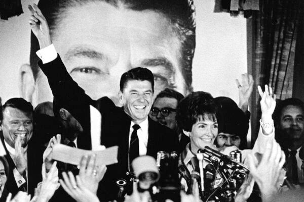 Ronald Reagan and Nancy Reagan at the Victory celebration for the 1966 Governor's election at the Biltmore Hotel in Los Angeles California