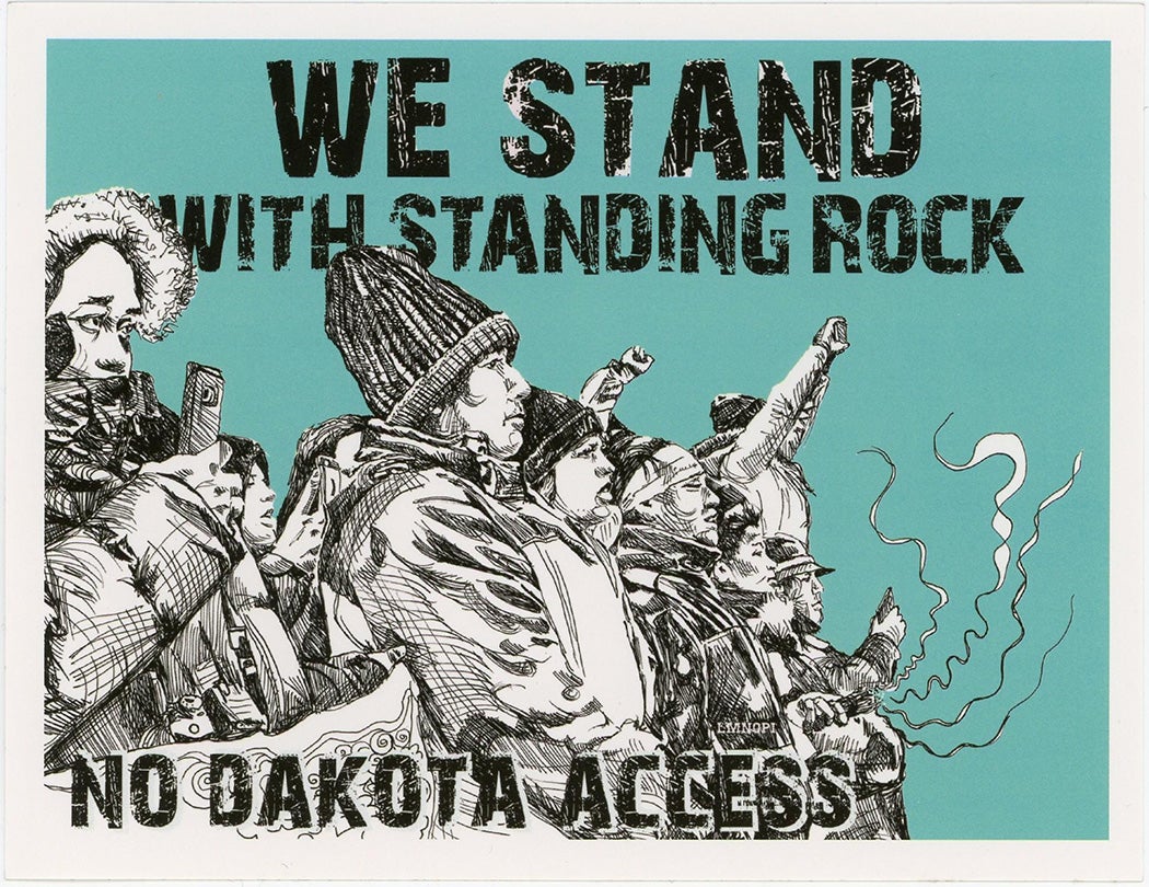 Sticker depicting people protesting the development of the underground oil pipeline spanning 1,172 miles from North Dakota to Texas. Native Americans and others claim that the pipeline the pipeline threatens sacred burial grounds as well as the quality of water in the area.
