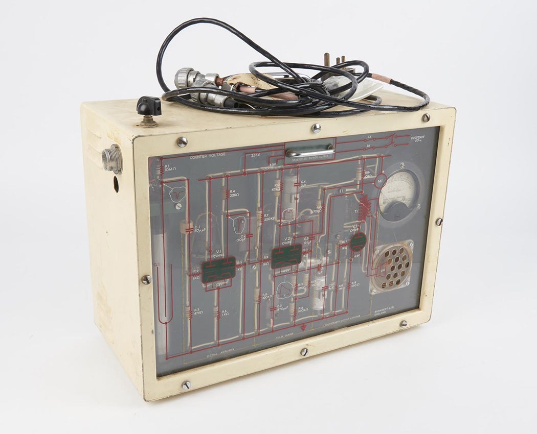 Demonstration radiation monitor type 1187A, Serial No. 105, with perspex cover showing electronic schematic diagram, with associated cables, by Burndept Limited, England, 1955-1970