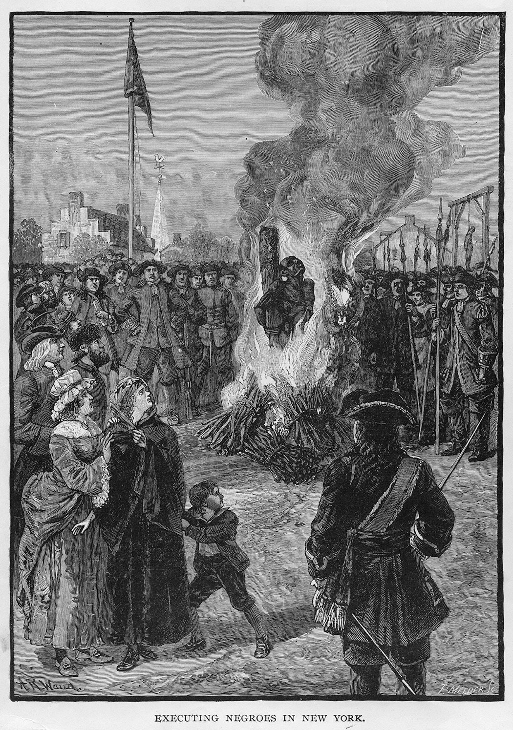 two black slaves are burnt at the stake, in New York City in 1741