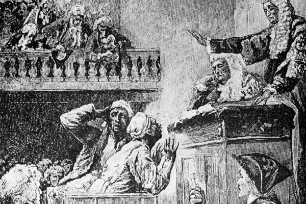 A Black man in the dock following claims of a plot by enslaved people in New York to revolt and level New York City with a series of fires, at an unspecified court in New York, 1741