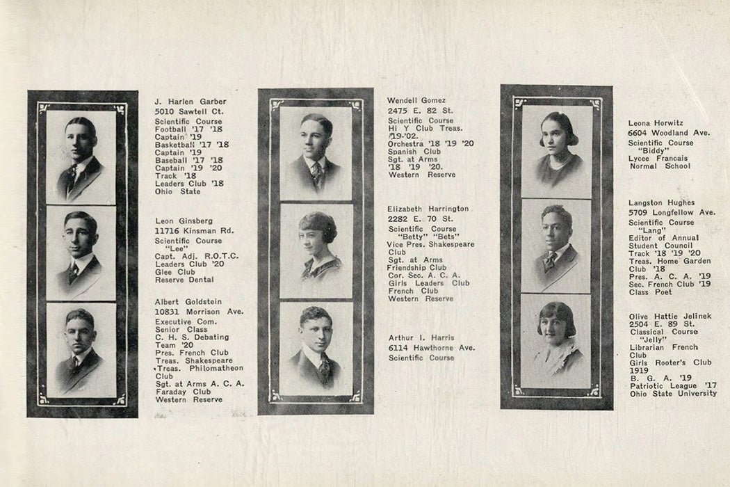 Central High School Annual Yearbook, Cleveland, Ohio,1920. Langston Hughes’s senior portrait is on the far right.