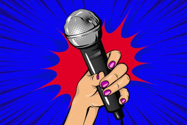 A cartoon of a woman's hand holding a microphone