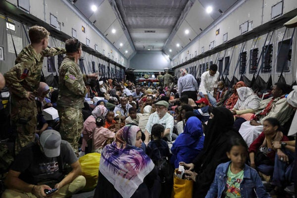 British nationals onboard an RAF aircraft heading to Larnaca International Airport in Cyprus on April 26, 2023 in Khartoum, Sudan